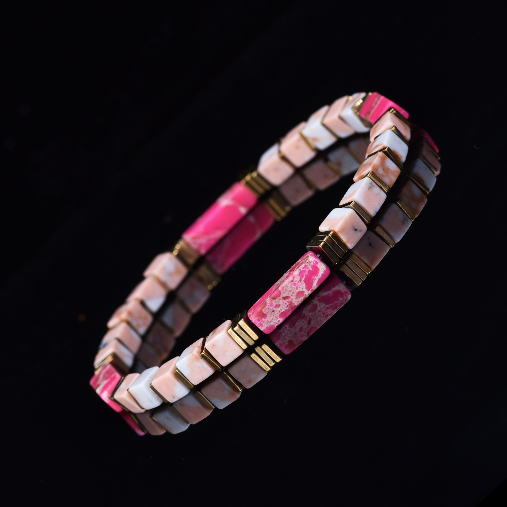 Square Beaded Bracelet of Natural Pink Imperial Stone
